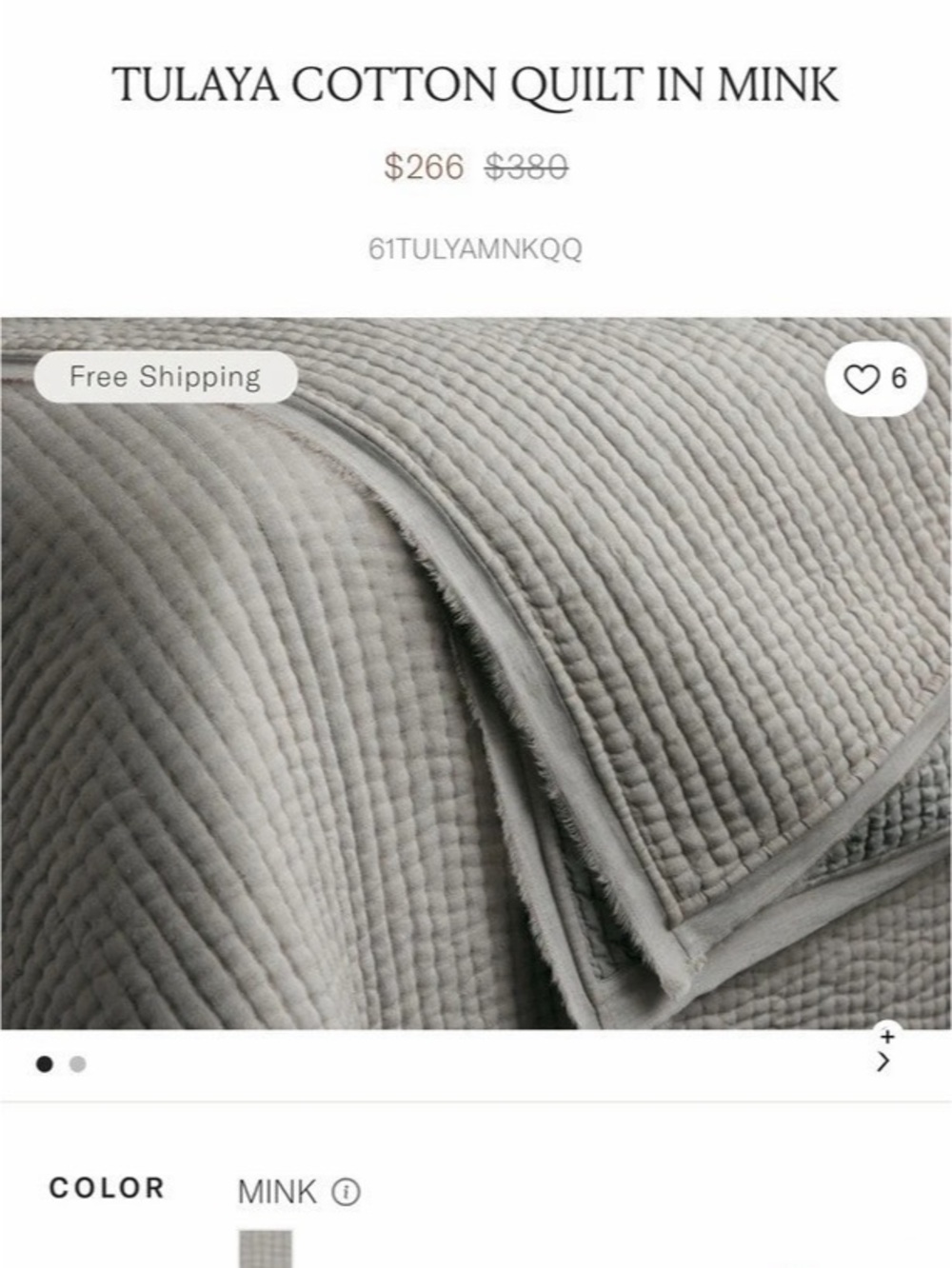 Arhaus King Tulaya Cotton Quilt and Two Shams in Mink Set (Sold Out)